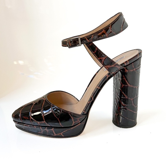 $699 Empori Armani Coffee Brown Patent Leather Close Toe Sandals High Heel 39 - Picture 1 of 17